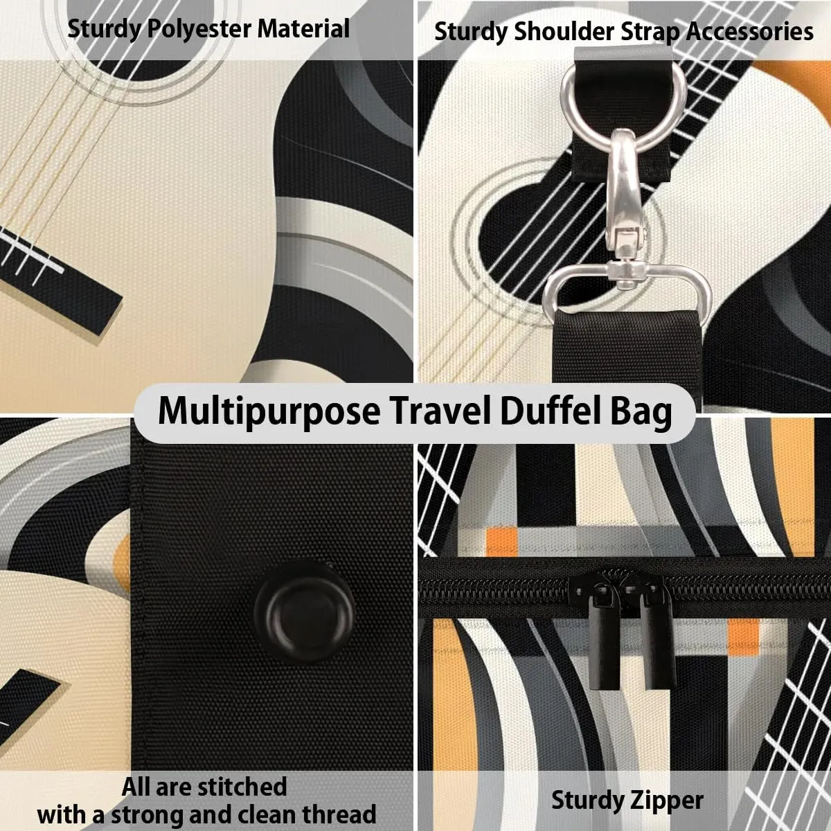 Flower Music Note Guitar Travel Duffel Bag for Women Men Waterproof Foldable Overnight Weekender Bag Large Capacity Sports Gym Bag