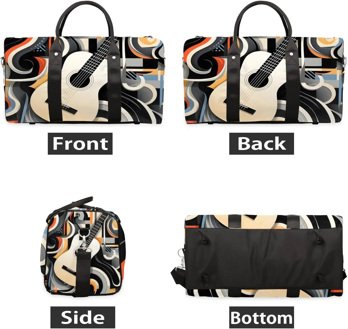 Flower Music Note Guitar Travel Duffel Bag for Women Men Waterproof Foldable Overnight Weekender Bag Large Capacity Sports Gym Bag
