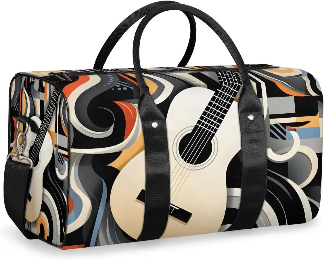 Flower Music Note Guitar Travel Duffel Bag for Women Men Waterproof Foldable Overnight Weekender Bag Large Capacity Sports Gym Bag