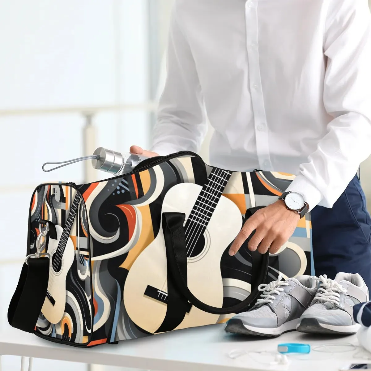 Flower Music Note Guitar Travel Duffel Bag for Women Men Waterproof Foldable Overnight Weekender Bag Large Capacity Sports Gym Bag