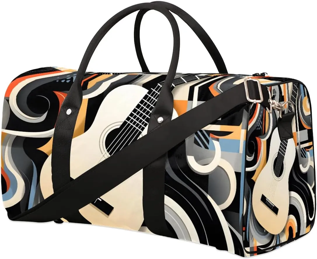 Flower Music Note Guitar Travel Duffel Bag for Women Men Waterproof Foldable Overnight Weekender Bag Large Capacity Sports Gym Bag