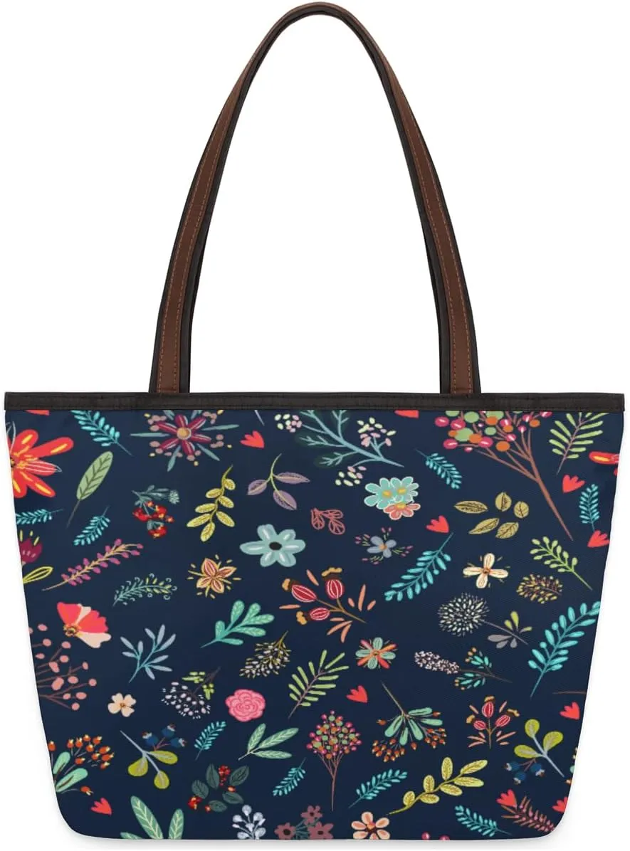 Flower Plant Leaves Herbs Tote Bag Tote Purse for Women with Zipper Womens Handbags for Work Travel
