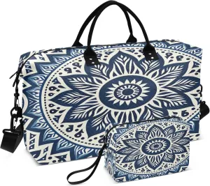 Flower Tile Travel Duffel Bags Carry on Weekender Overnight Bag Large for Airplane with Toiletry Bag for Men Women