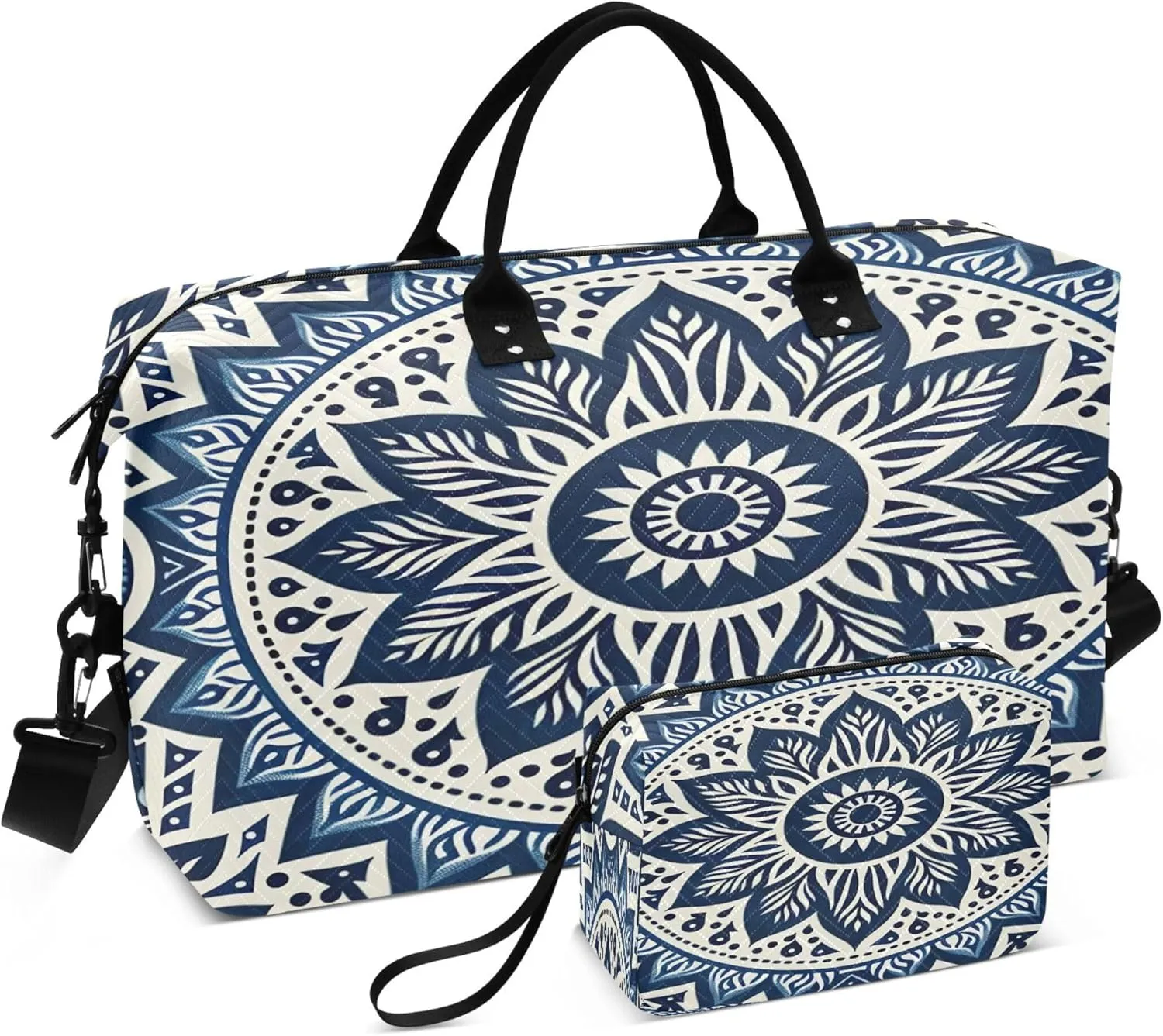 Flower Tile Travel Duffel Bags Carry on Weekender Overnight Bag Large for Airplane with Toiletry Bag for Men Women