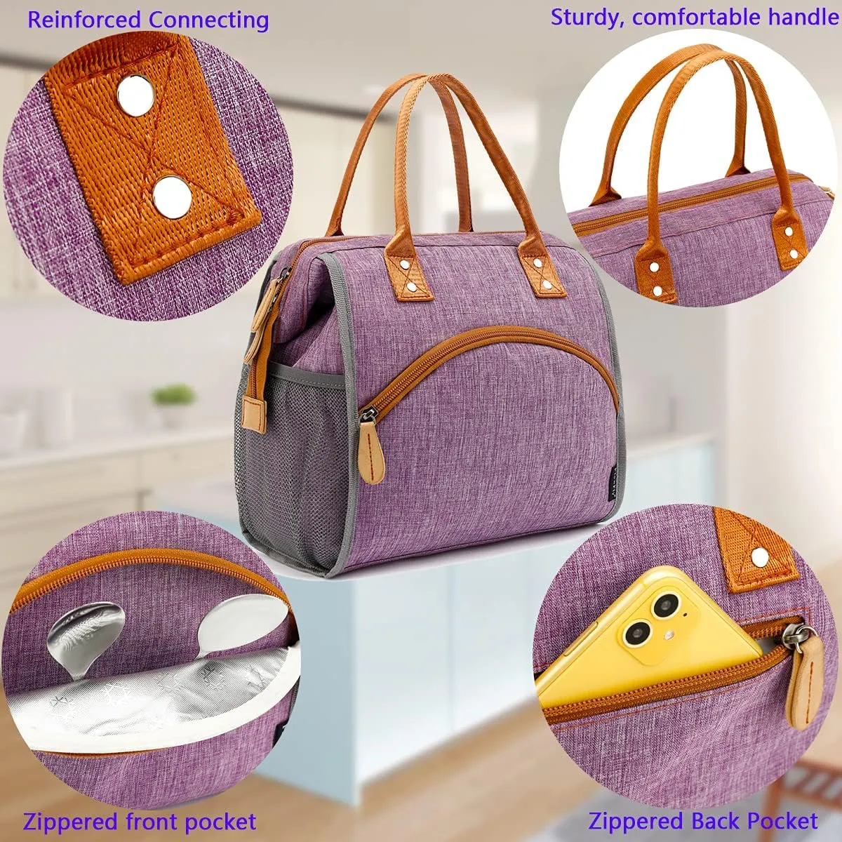 FlowFly Insulated Lunch Bag Wide-Open Lunch Box Large Tote Leakproof Cooler with Drink Holder and Multi Pockets for Women Men Adult Kids Work Picnic Travel Beach Hiking, Purple
