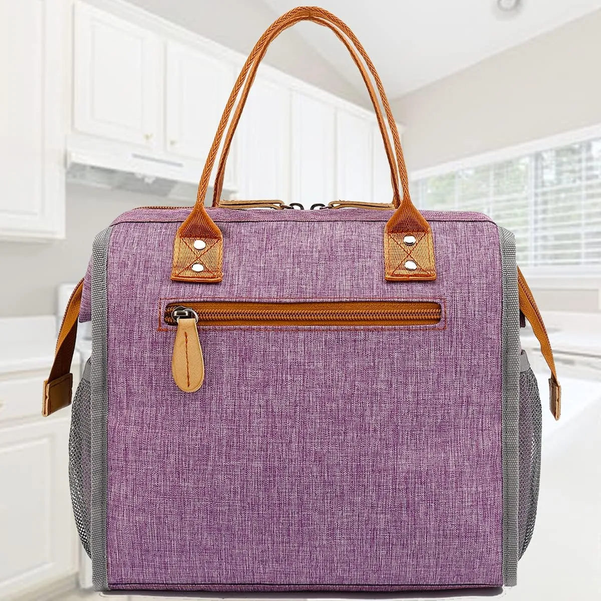 FlowFly Insulated Lunch Bag Wide-Open Lunch Box Large Tote Leakproof Cooler with Drink Holder and Multi Pockets for Women Men Adult Kids Work Picnic Travel Beach Hiking, Purple