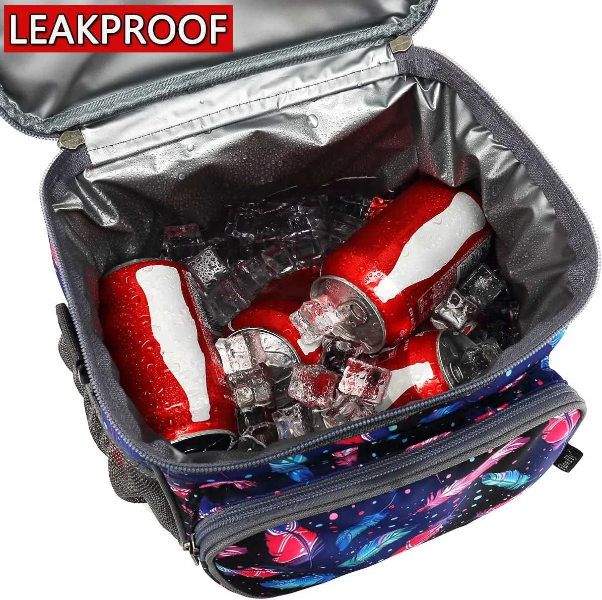 FlowFly Insulated Reusable Lunch Bag Adult Large Lunch Box for Women and Men with Adjustable Shoulder Strap,Front Zipper Pocket and Dual Large Mesh Side Pockets,Feather