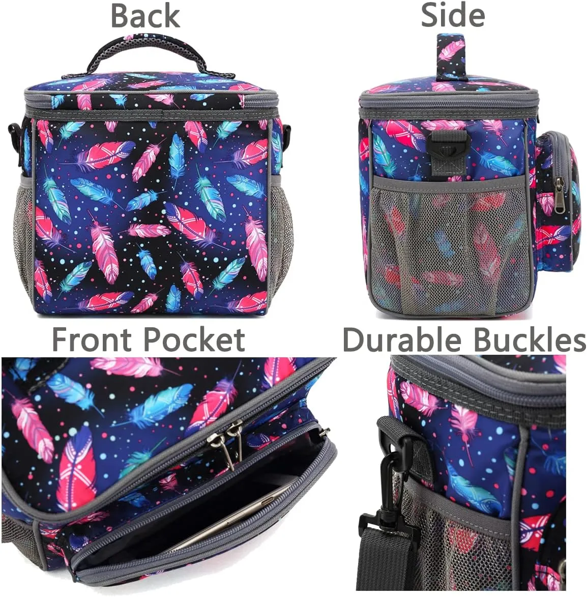 FlowFly Insulated Reusable Lunch Bag Adult Large Lunch Box for Women and Men with Adjustable Shoulder Strap,Front Zipper Pocket and Dual Large Mesh Side Pockets,Feather