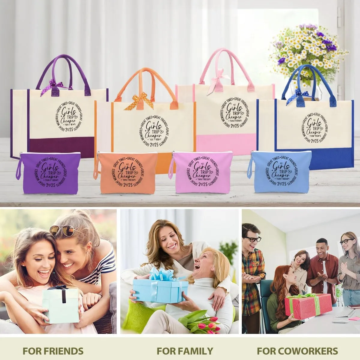 Fokongna Girls Trip 2025 For Women Friend Sister Travel Gifts Canvas Tote Bag Wet Bag for swimsuit Beach Bags Gifts