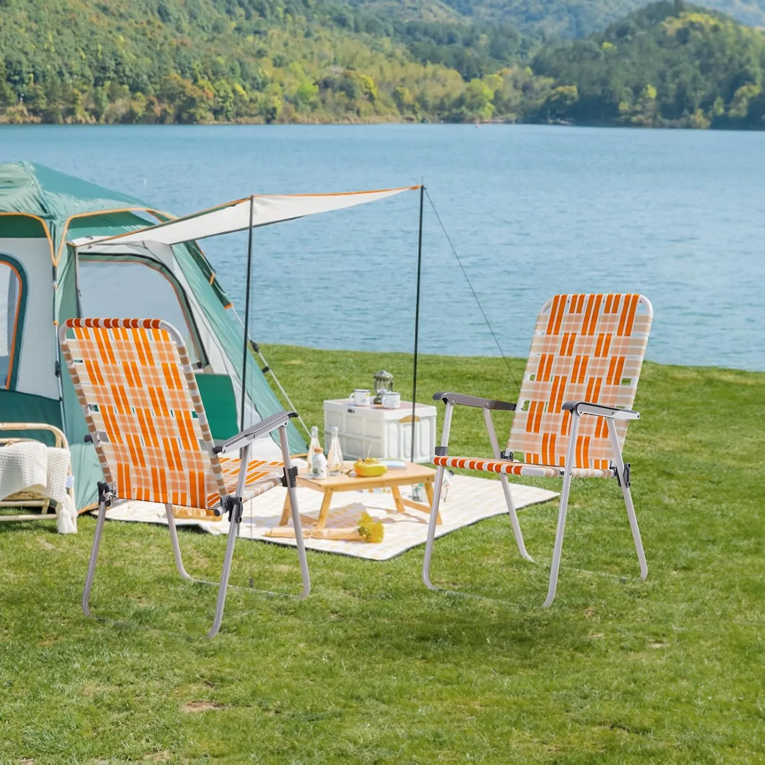 Folding Patio Lawn Webbed Chair Set of 2, Portable Outdoor Beach Chair for Adults, Camping Chair Steel Frame 300lbs Capacity for Yard, Garden Dining, Party, Picnic, 16.7" Seat Width