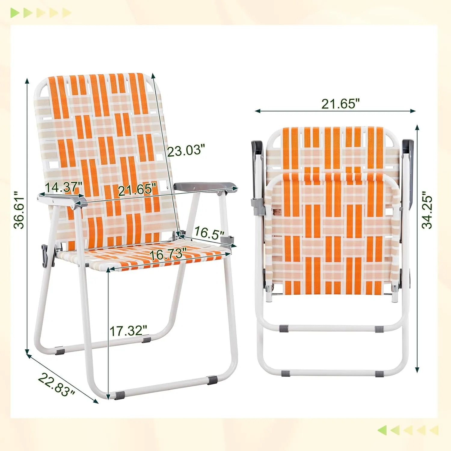 Folding Patio Lawn Webbed Chair Set of 2, Portable Outdoor Beach Chair for Adults, Camping Chair Steel Frame 300lbs Capacity for Yard, Garden Dining, Party, Picnic, 16.7" Seat Width