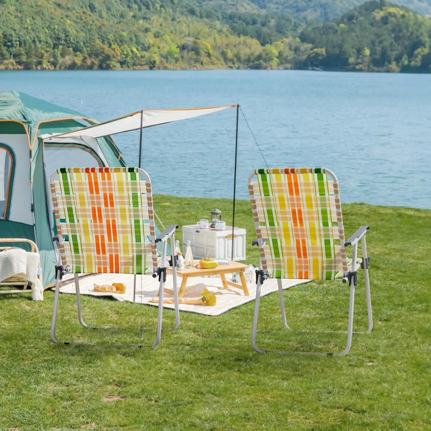 Folding Patio Lawn Webbed Chair Set of 2, Portable Outdoor Beach Chair for Adults, Camping Chair Steel Frame 300lbs Capacity for Yard, Garden Dining, Party, Picnic, 16.7" Seat Width