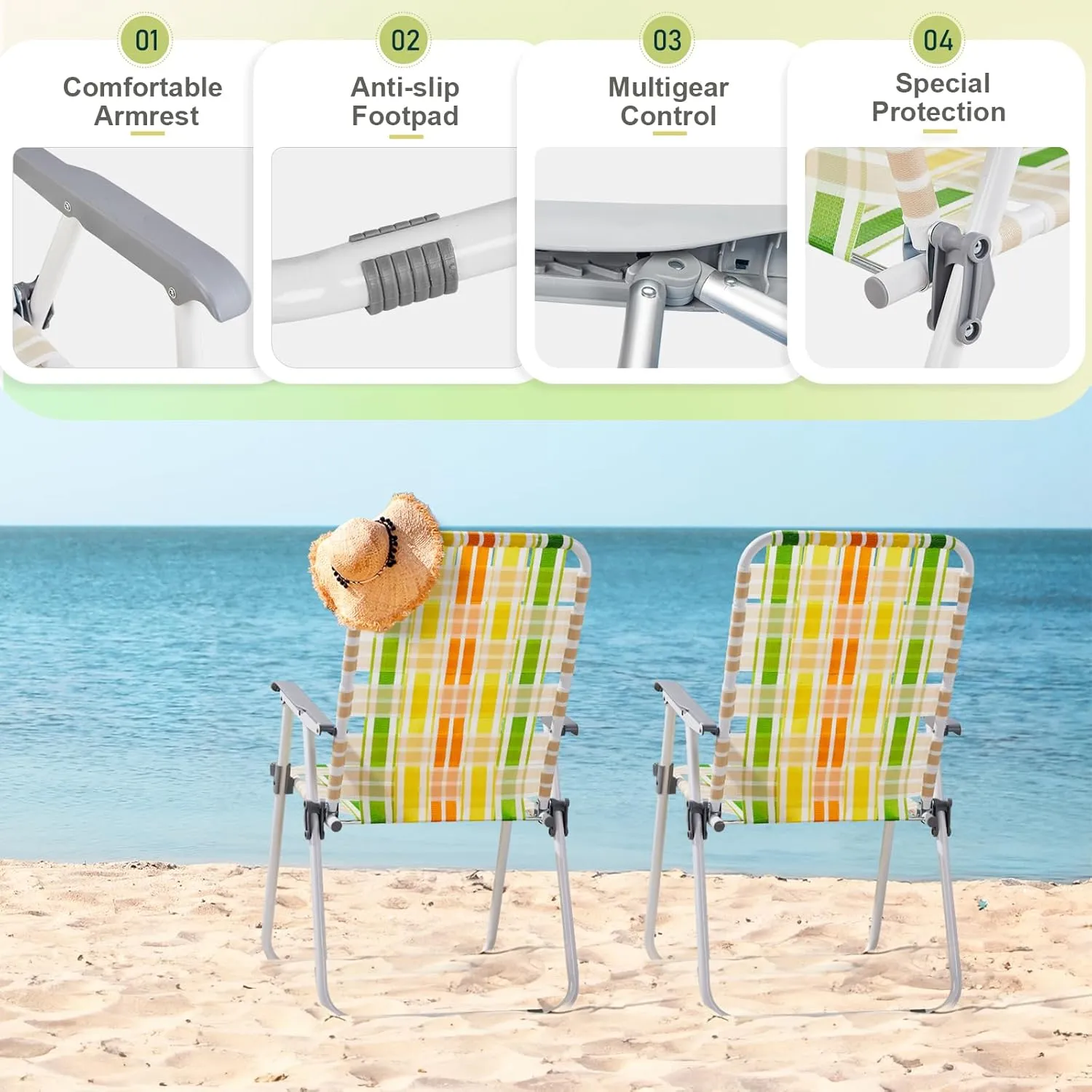 Folding Patio Lawn Webbed Chair Set of 2, Portable Outdoor Beach Chair for Adults, Camping Chair Steel Frame 300lbs Capacity for Yard, Garden Dining, Party, Picnic, 16.7" Seat Width