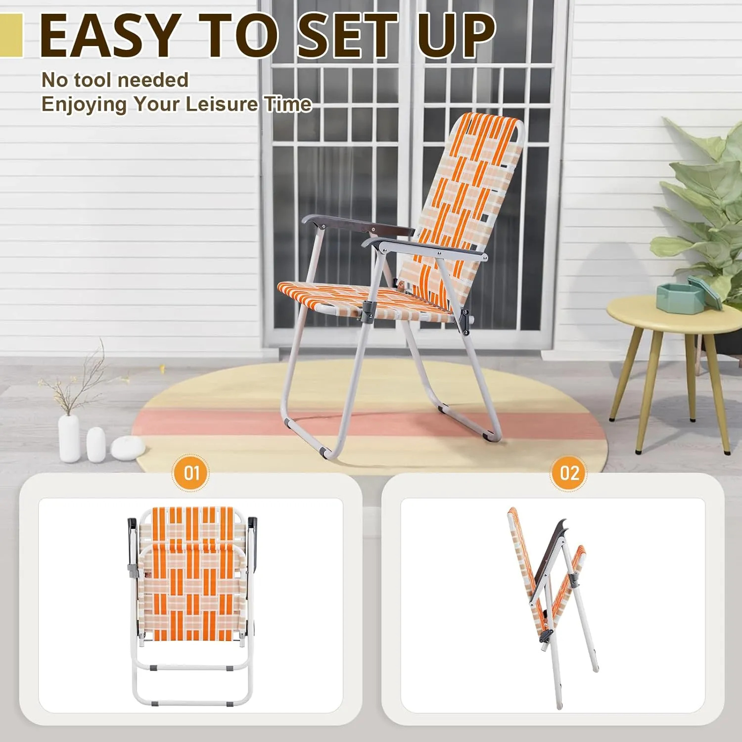 Folding Patio Lawn Webbed Chair Set of 2, Portable Outdoor Beach Chair for Adults, Camping Chair Steel Frame 300lbs Capacity for Yard, Garden Dining, Party, Picnic, 16.7" Seat Width