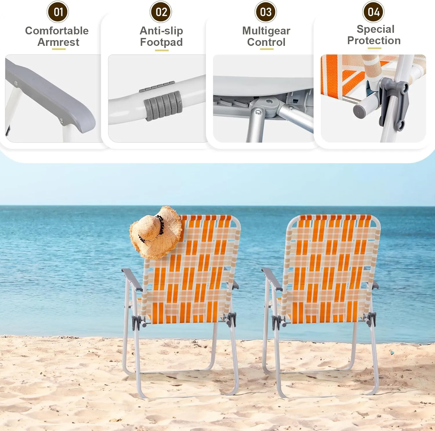 Folding Patio Lawn Webbed Chair Set of 2, Portable Outdoor Beach Chair for Adults, Camping Chair Steel Frame 300lbs Capacity for Yard, Garden Dining, Party, Picnic, 16.7" Seat Width