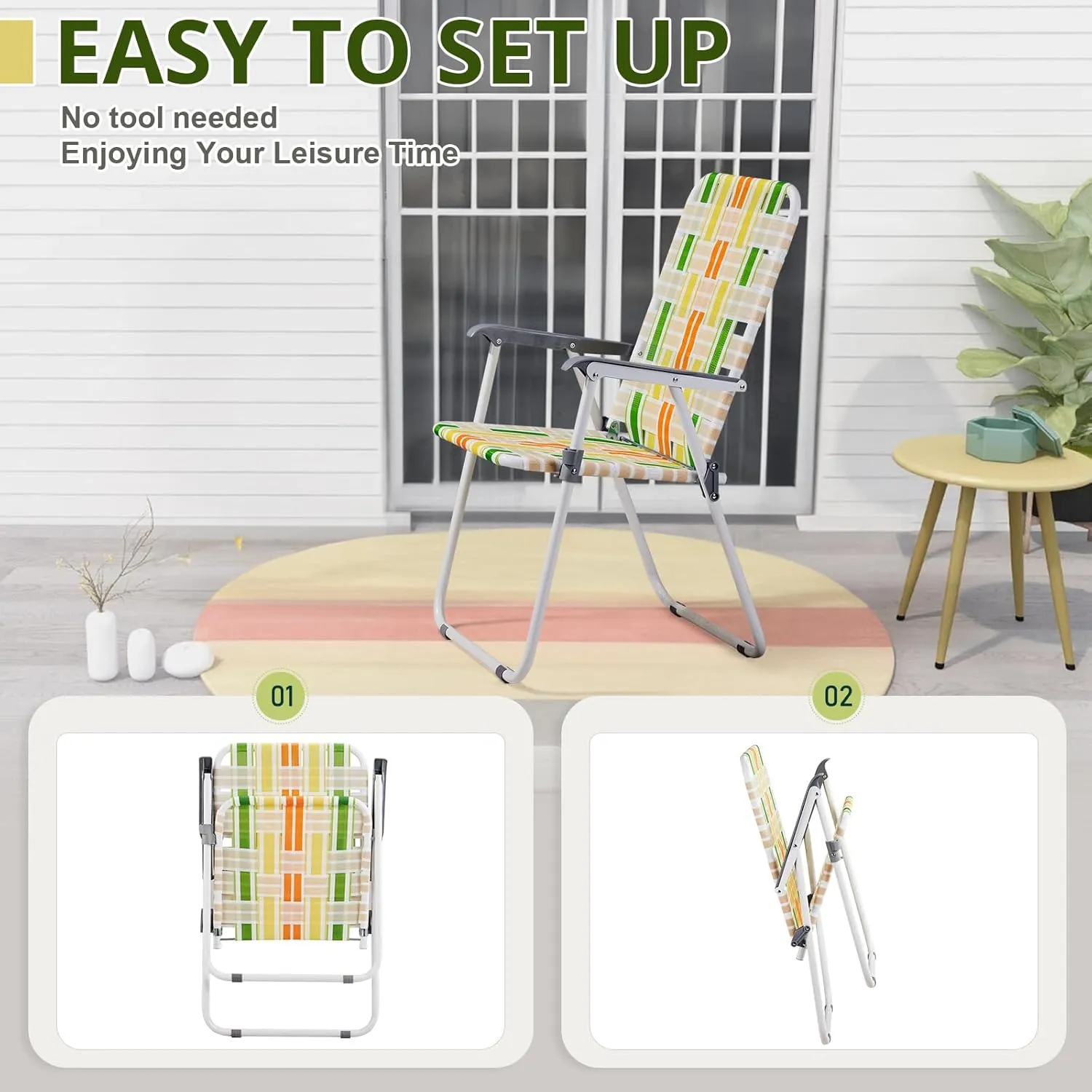 Folding Patio Lawn Webbed Chair Set of 2, Portable Outdoor Beach Chair for Adults, Camping Chair Steel Frame 300lbs Capacity for Yard, Garden Dining, Party, Picnic, 16.7" Seat Width