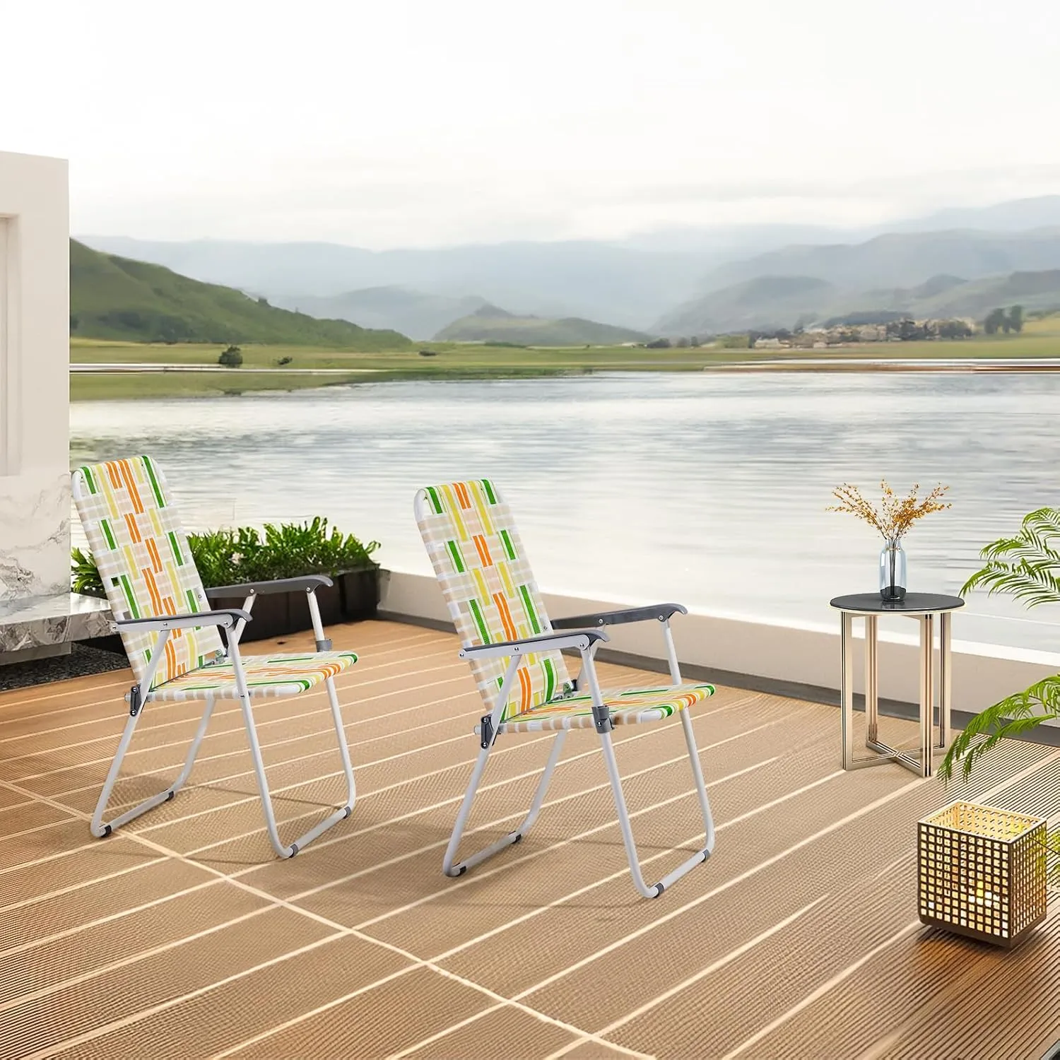Folding Patio Lawn Webbed Chair Set of 2, Portable Outdoor Beach Chair for Adults, Camping Chair Steel Frame 300lbs Capacity for Yard, Garden Dining, Party, Picnic, 16.7" Seat Width