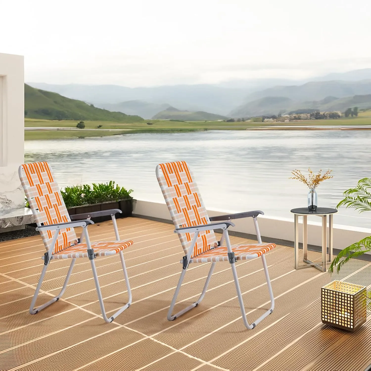 Folding Patio Lawn Webbed Chair Set of 2, Portable Outdoor Beach Chair for Adults, Camping Chair Steel Frame 300lbs Capacity for Yard, Garden Dining, Party, Picnic, 16.7" Seat Width