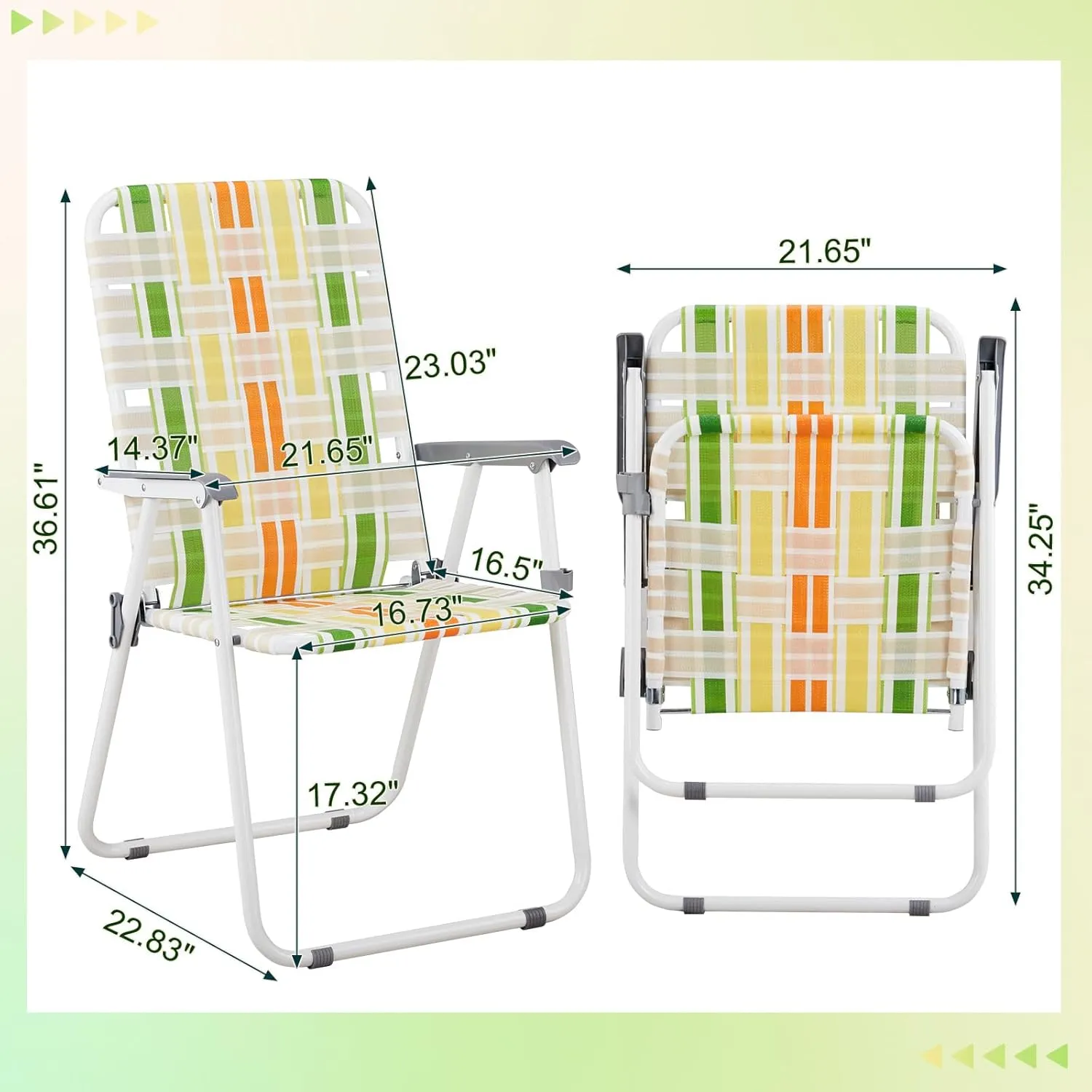 Folding Patio Lawn Webbed Chair Set of 2, Portable Outdoor Beach Chair for Adults, Camping Chair Steel Frame 300lbs Capacity for Yard, Garden Dining, Party, Picnic, 16.7" Seat Width