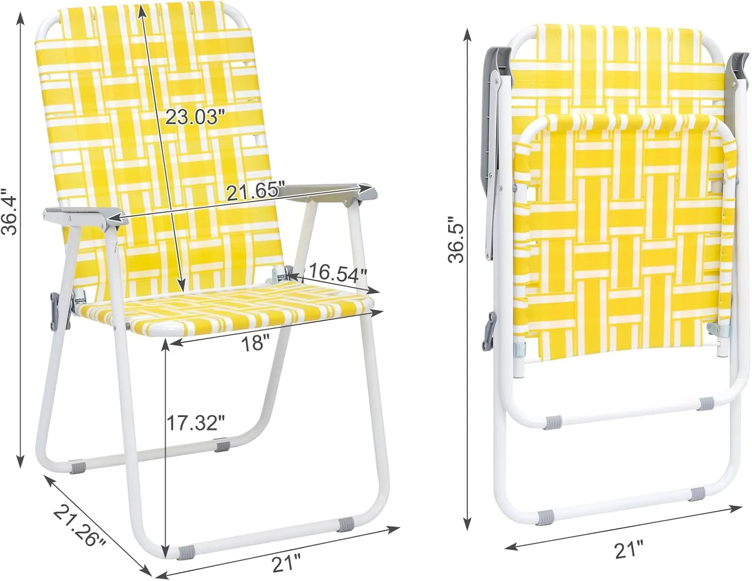 Folding Patio Lawn Webbed Chair Set of 2, Portable Outdoor Beach Chair for Adults, Camping Chair Steel Frame 300lbs Capacity for Yard, Garden Dining, Party, Picnic, Yellow