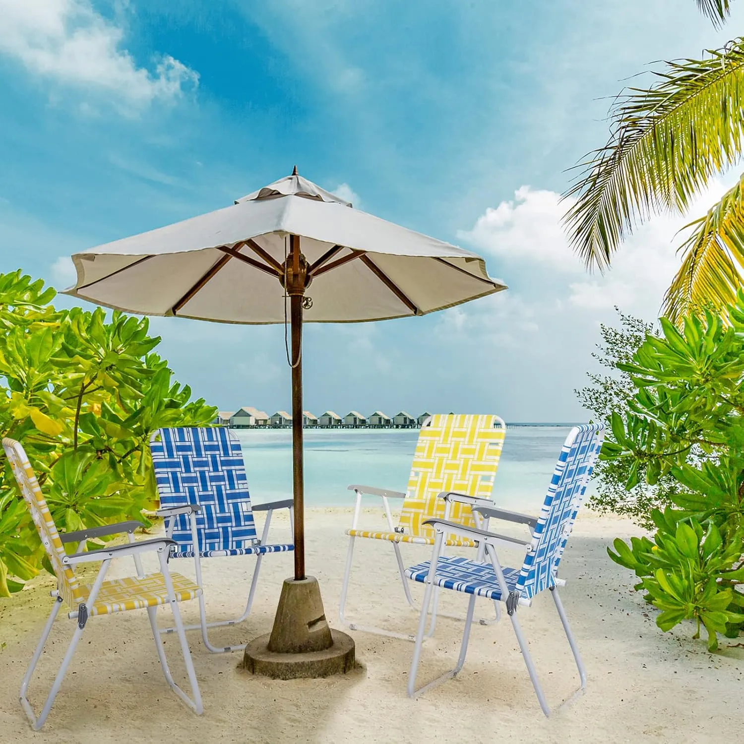 Folding Patio Lawn Webbed Chair Set of 2, Portable Outdoor Beach Chair for Adults, Camping Chair Steel Frame 300lbs Capacity for Yard, Garden Dining, Party, Picnic, Yellow