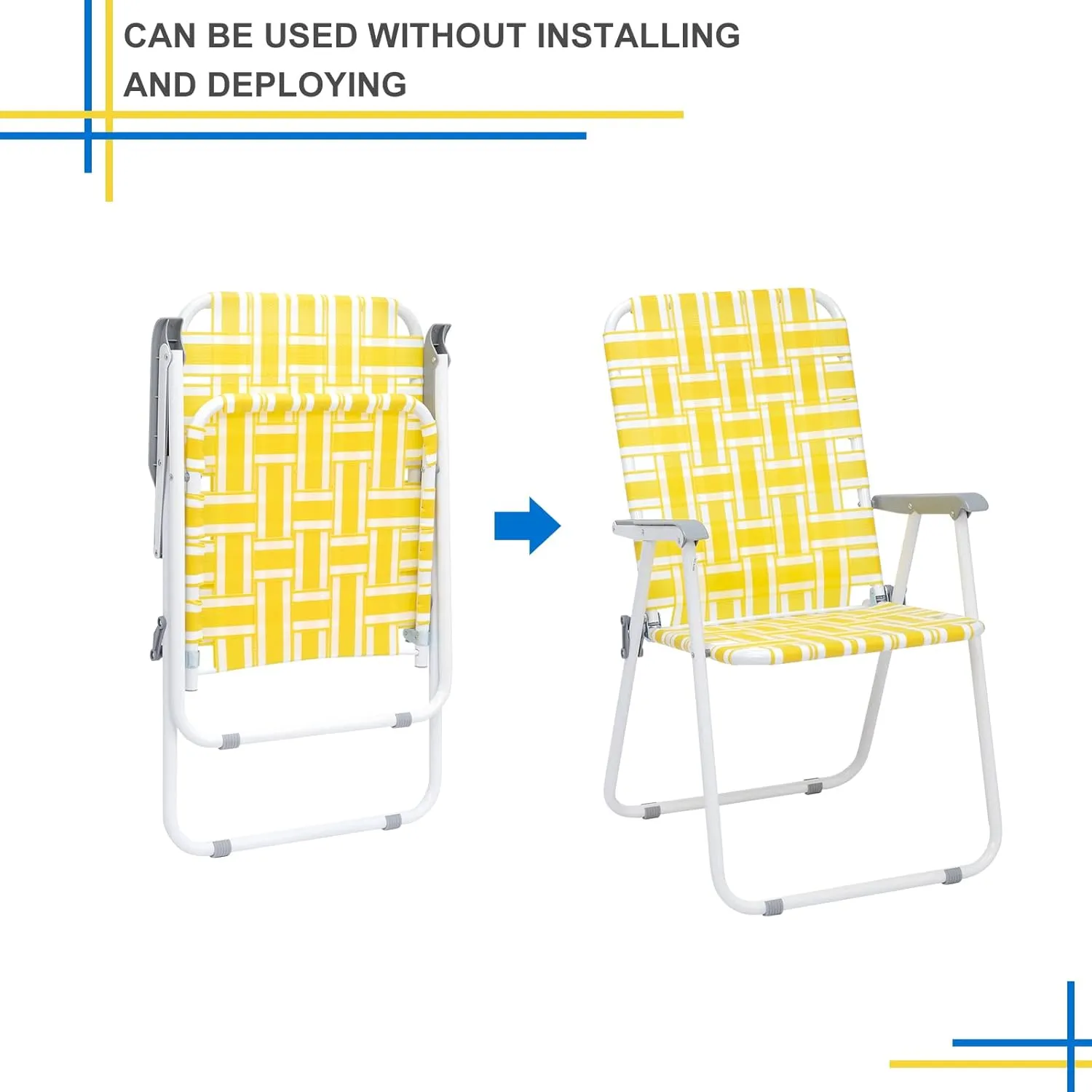 Folding Patio Lawn Webbed Chair Set of 2, Portable Outdoor Beach Chair for Adults, Camping Chair Steel Frame 300lbs Capacity for Yard, Garden Dining, Party, Picnic, Yellow