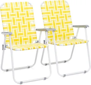 Folding Patio Lawn Webbed Chair Set of 2, Portable Outdoor Beach Chair for Adults, Camping Chair Steel Frame 300lbs Capacity for Yard, Garden Dining, Party, Picnic, Yellow