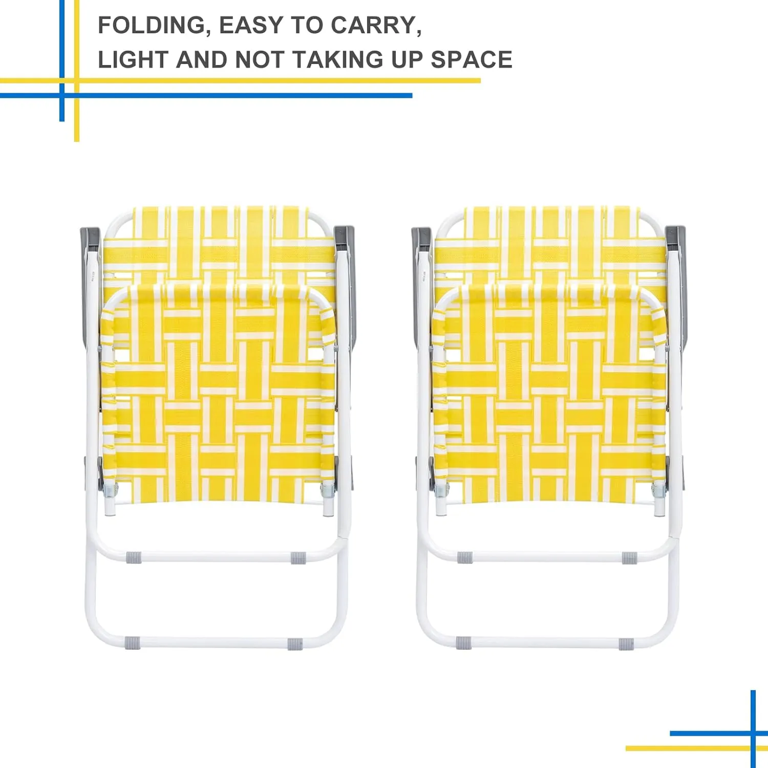 Folding Patio Lawn Webbed Chair Set of 2, Portable Outdoor Beach Chair for Adults, Camping Chair Steel Frame 300lbs Capacity for Yard, Garden Dining, Party, Picnic, Yellow