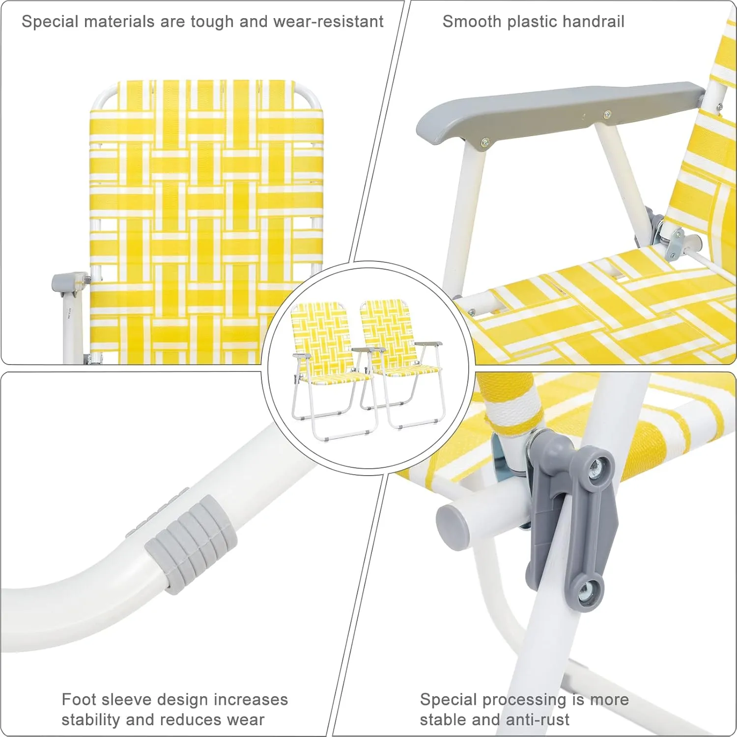 Folding Patio Lawn Webbed Chair Set of 2, Portable Outdoor Beach Chair for Adults, Camping Chair Steel Frame 300lbs Capacity for Yard, Garden Dining, Party, Picnic, Yellow