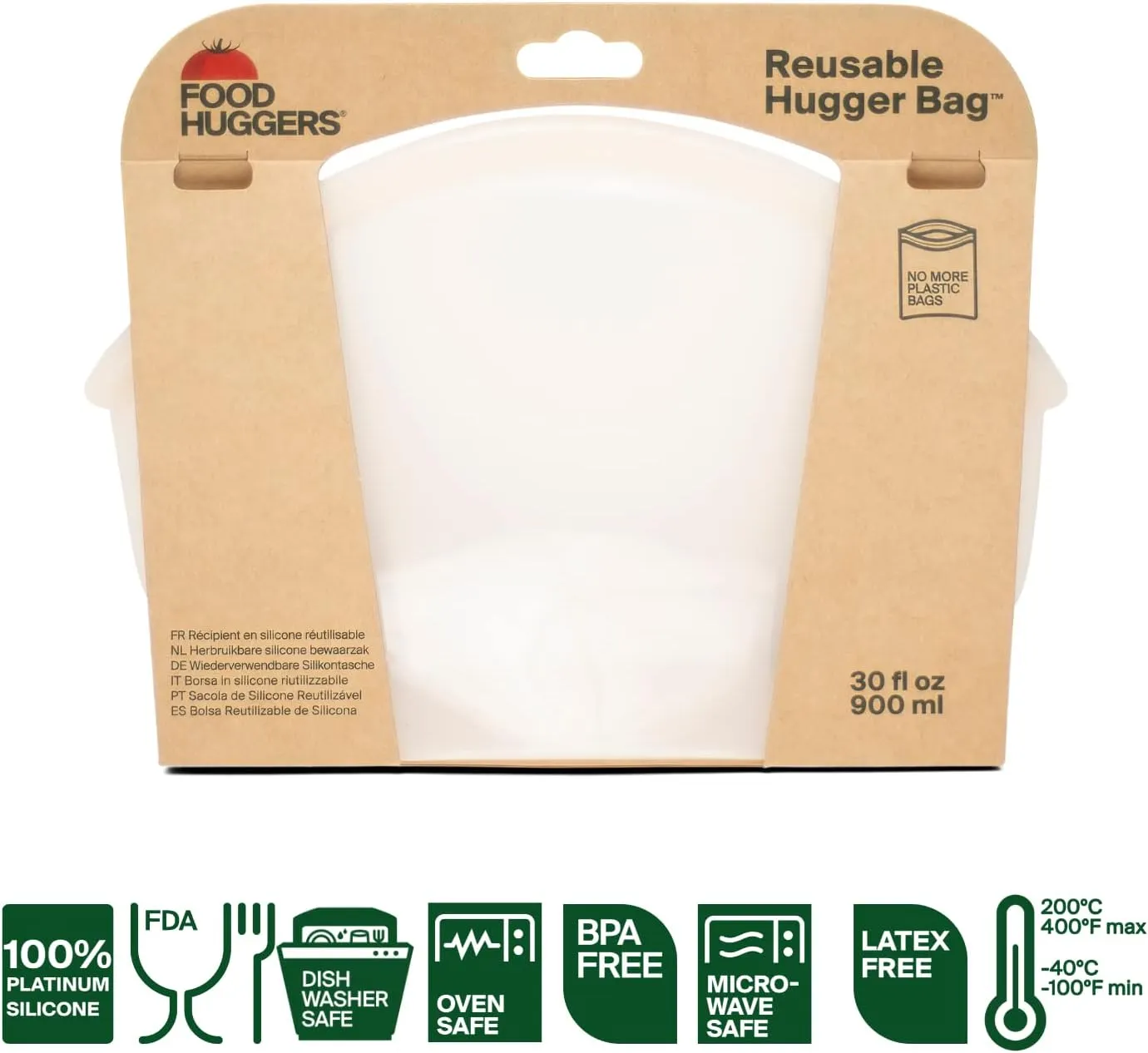 Food Huggers Hugger Bags Silicone Reusable Lunch & Snack Bag Durable Storage, BPA Free, Dishwasher & Freezer Safe, Stand-Up Resealable Produce Pouch | Large 30 fl oz, Clear