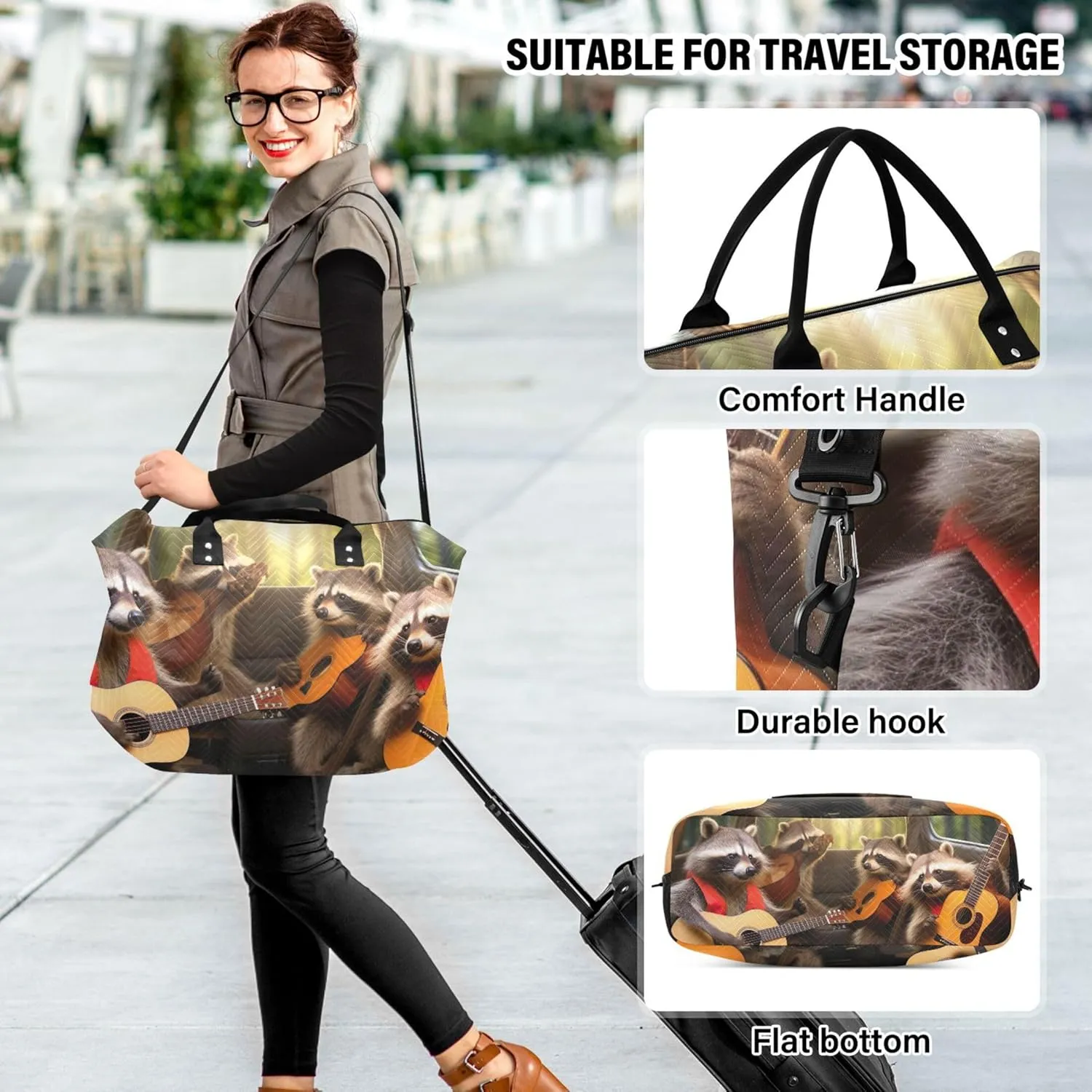 Four Raccoons are Sitting in the Car Driving Duffel Bags Travel Toiletry Bag Set of 2, Art Women Tote Gym Bag Weekender Bag