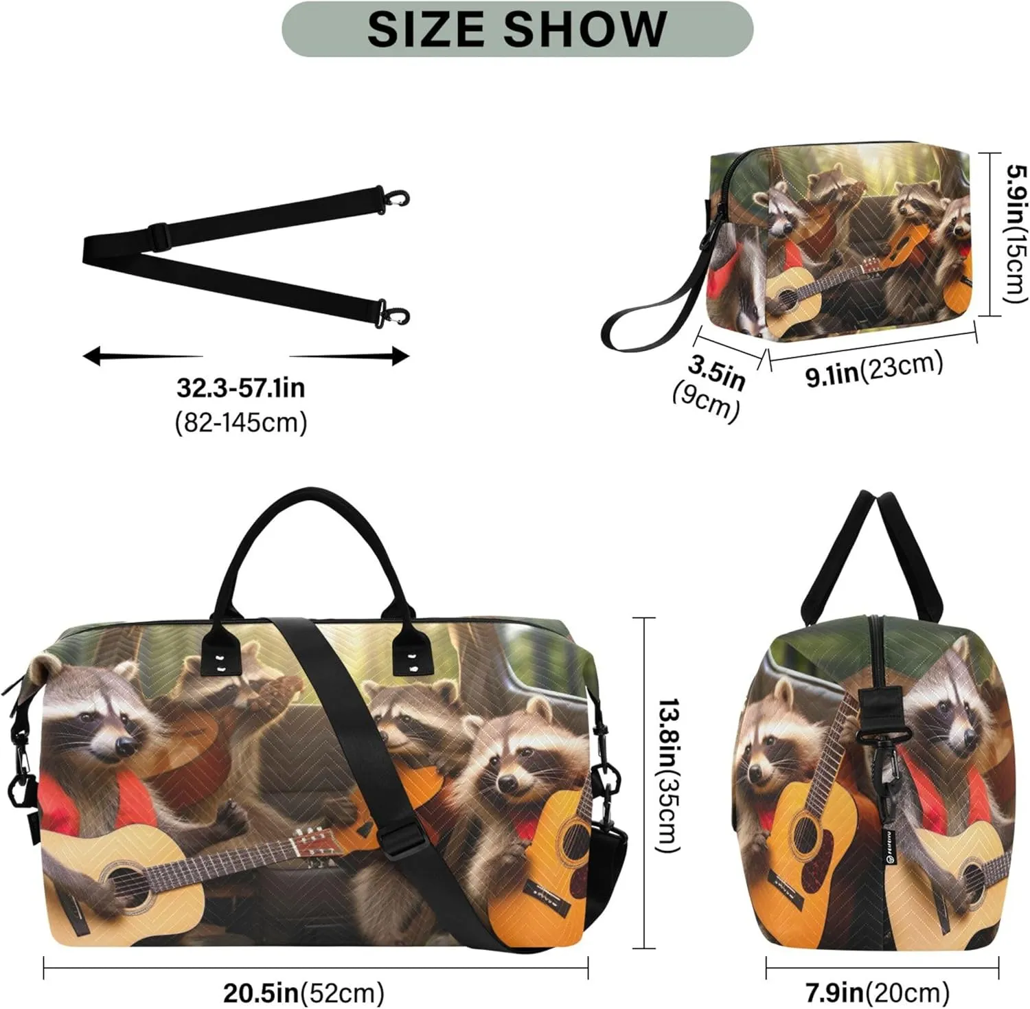 Four Raccoons are Sitting in the Car Driving Duffel Bags Travel Toiletry Bag Set of 2, Art Women Tote Gym Bag Weekender Bag