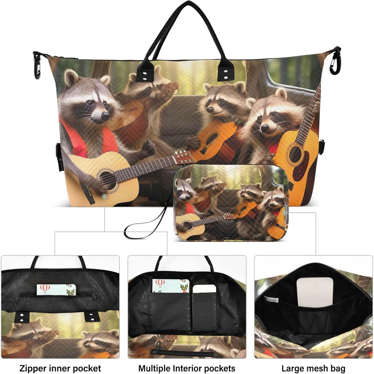 Four Raccoons are Sitting in the Car Driving Duffel Bags Travel Toiletry Bag Set of 2, Art Women Tote Gym Bag Weekender Bag