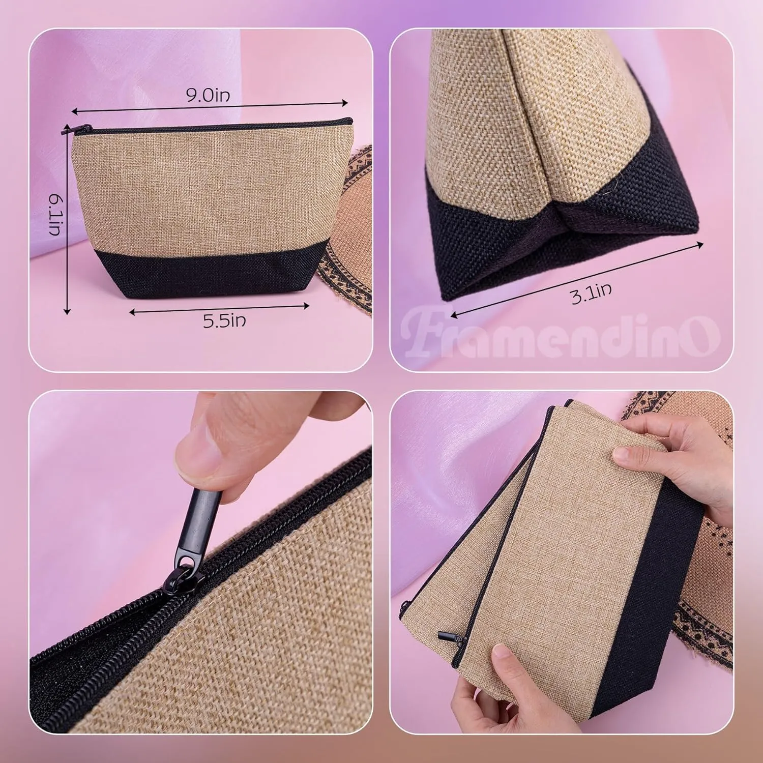 Framendino, 10 Pack Sublimation Blanks Cosmetic Bags Eat Transfer Makeup Bag with Zipper Linen Color