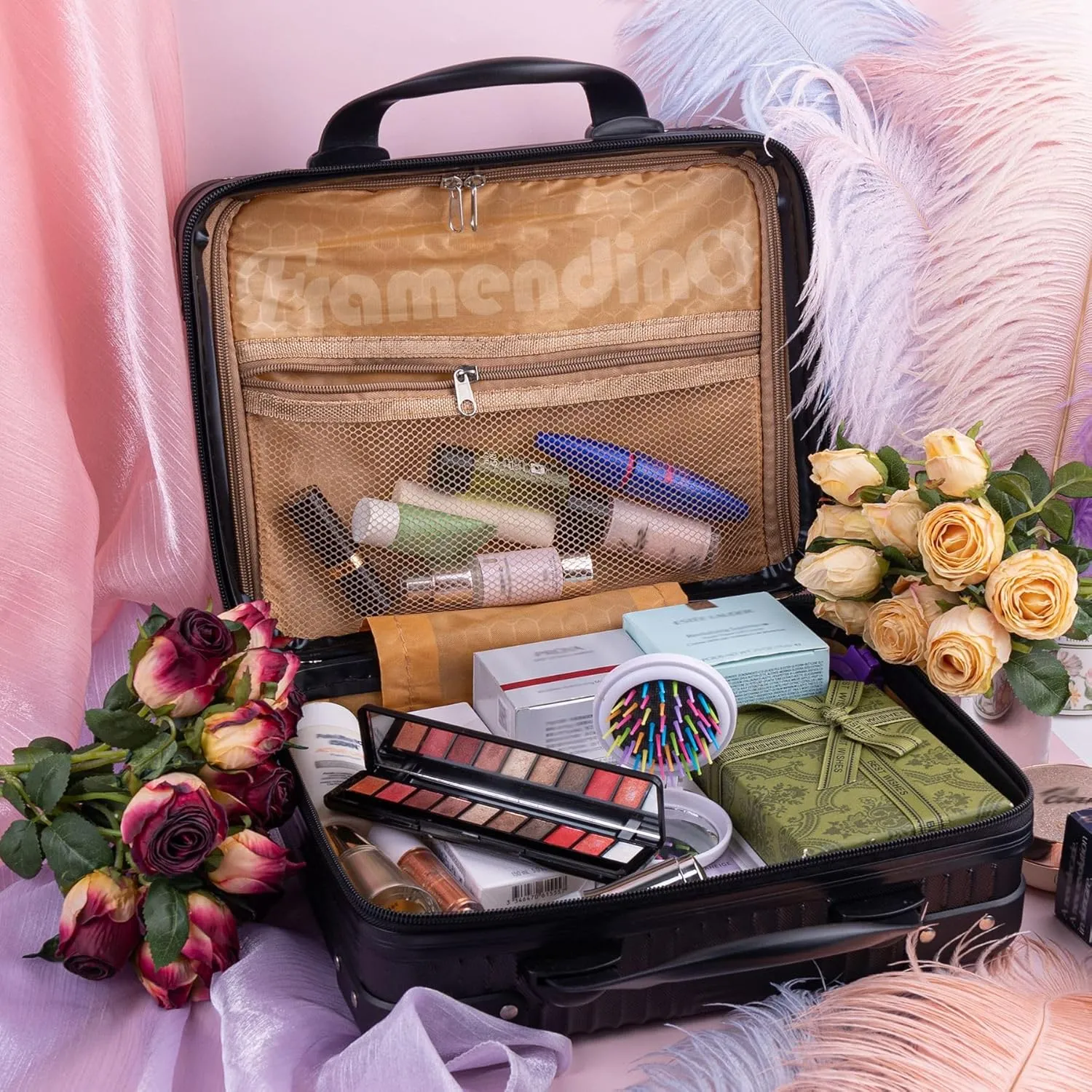 Framendino, Portable Hard Shell Cosmetic Organizer Bag Travel Case Hand Luggage With Elastic Band Black