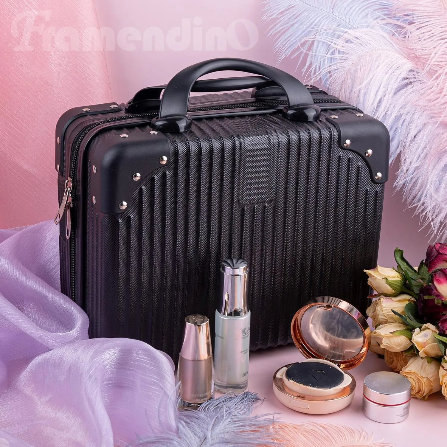 Framendino, Portable Hard Shell Cosmetic Organizer Bag Travel Case Hand Luggage With Elastic Band Black