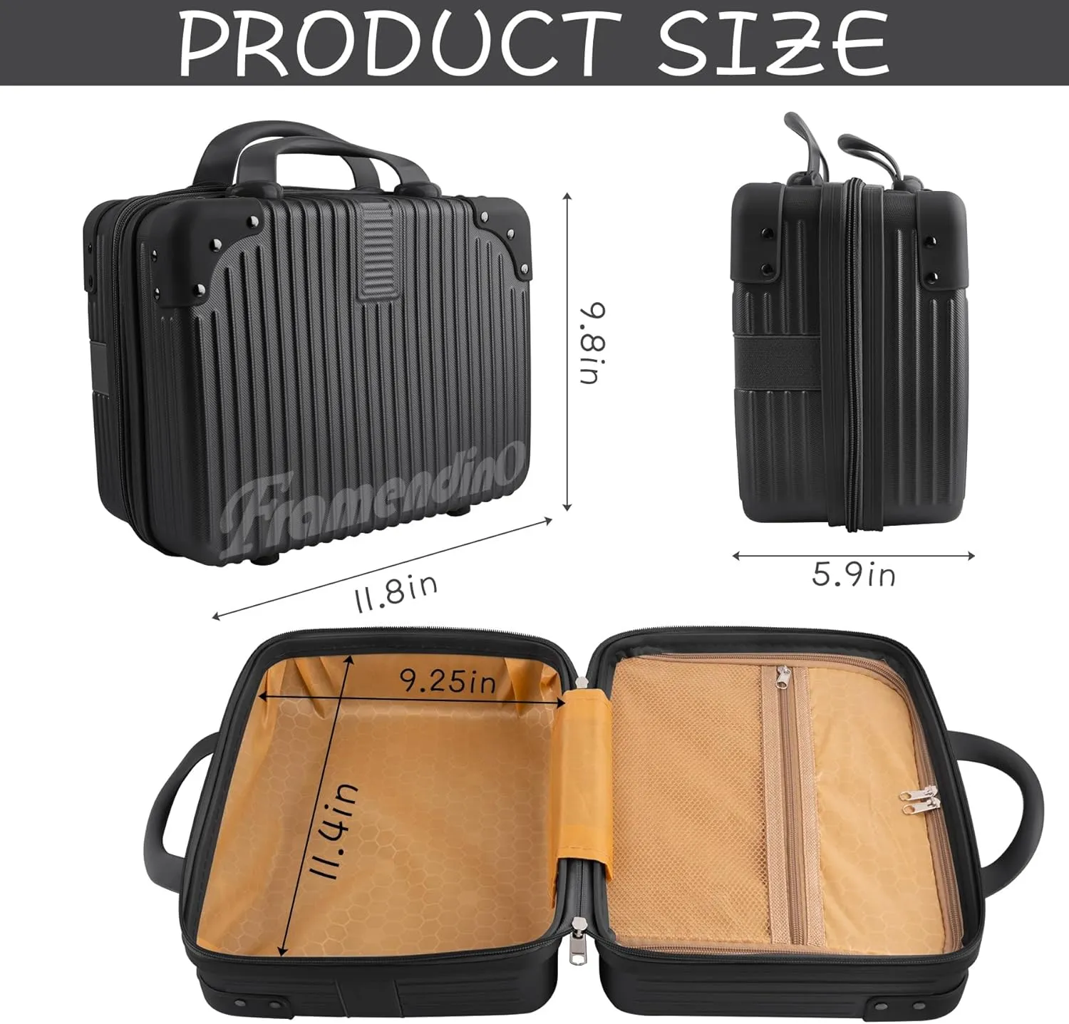 Framendino, Portable Hard Shell Cosmetic Organizer Bag Travel Case Hand Luggage With Elastic Band Black