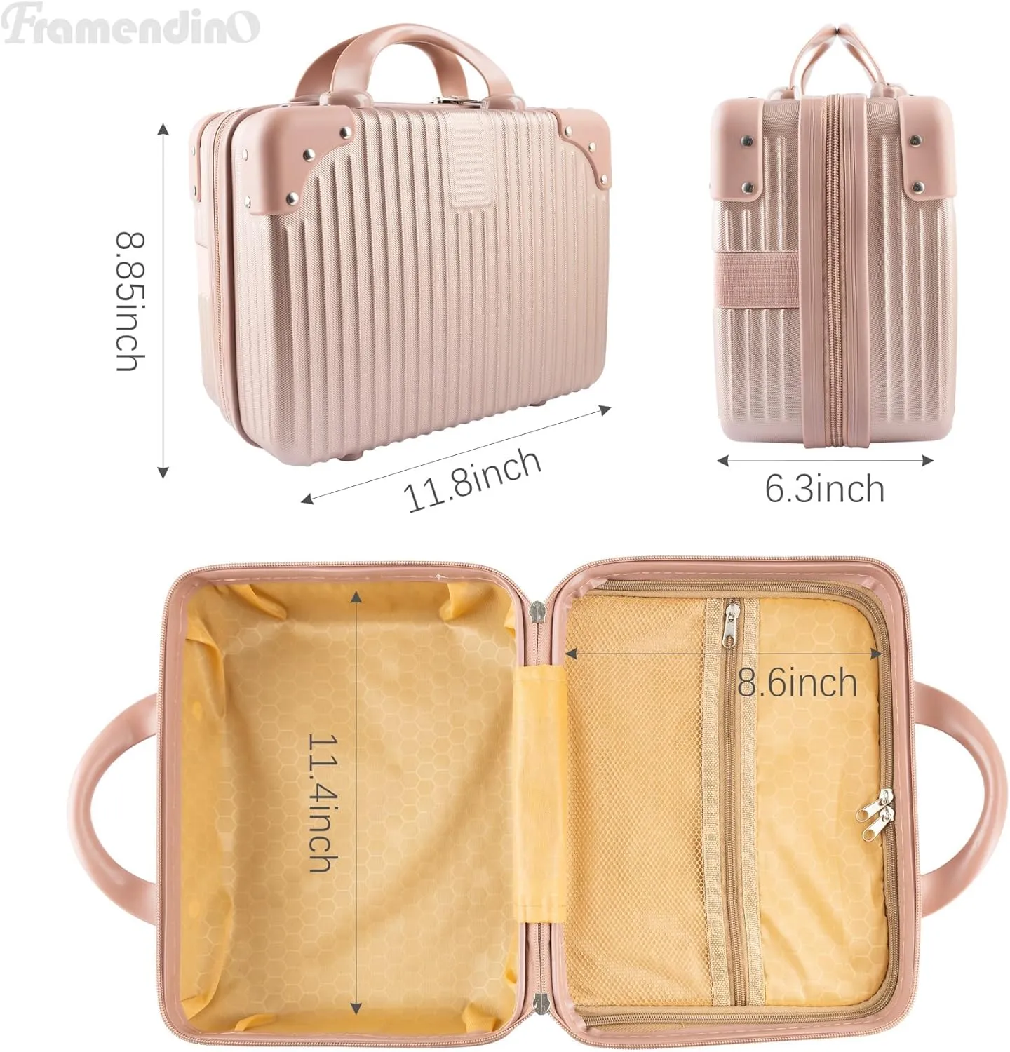 Framendino, Portable Hard Shell Cosmetic Suitcase Makeup Travel Case Rose Gold