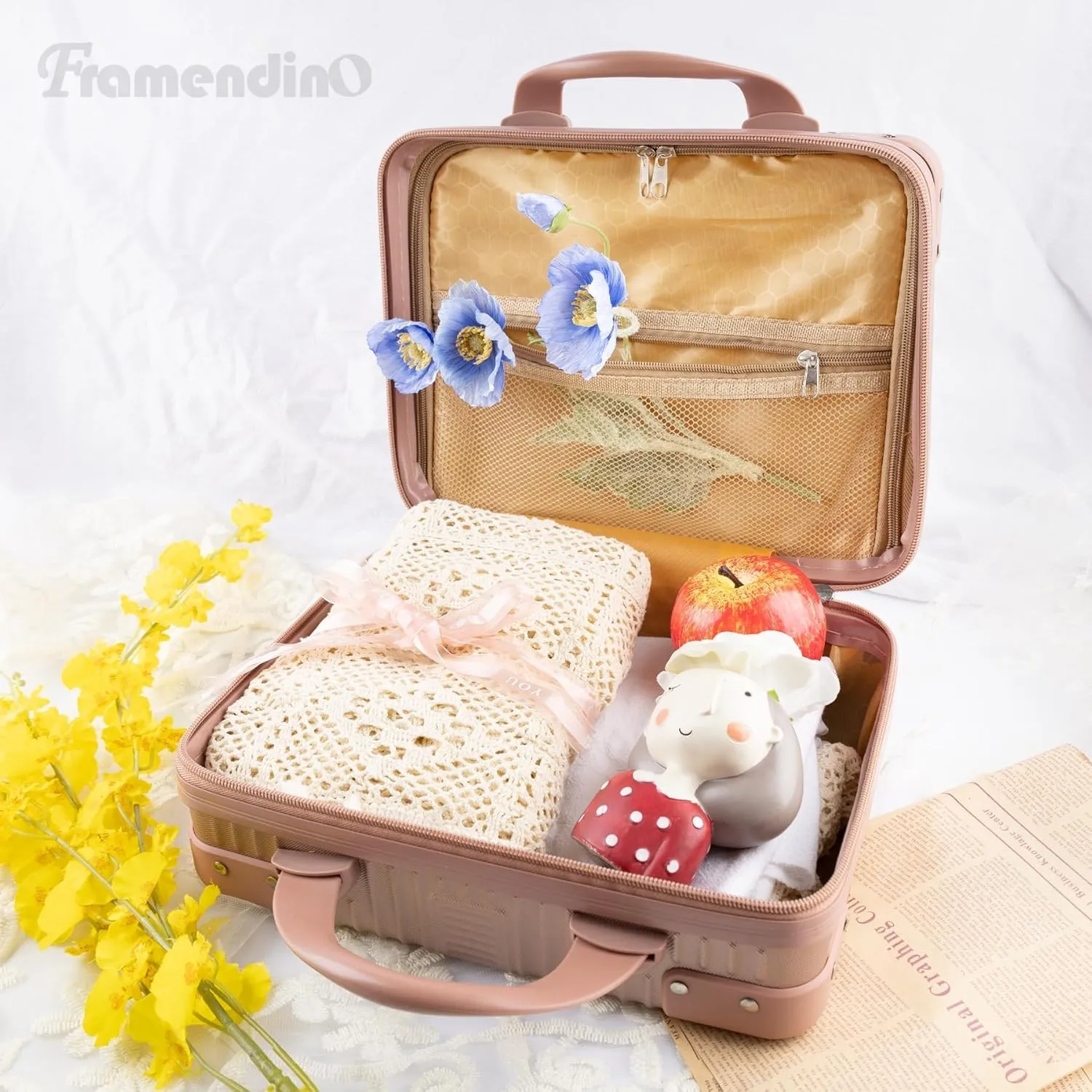 Framendino, Portable Hard Shell Cosmetic Suitcase Makeup Travel Case Rose Gold