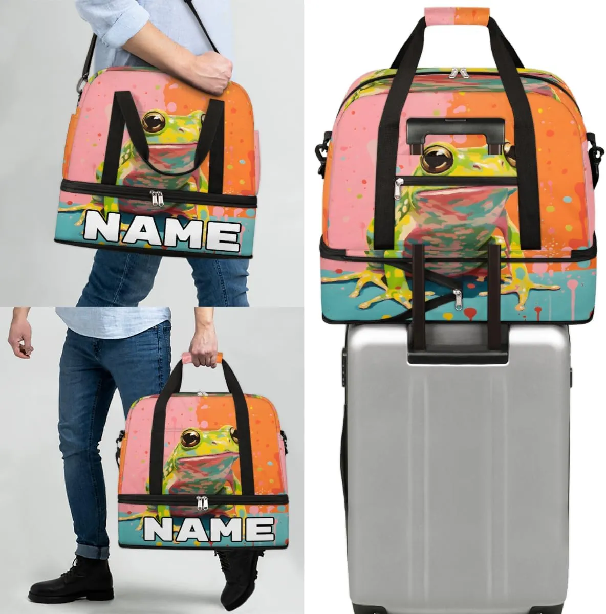 Frog Animal Custom Foldable Duffle Bag with Shoes Compartment Personalized Large Capacity Waterproof Travel Weekender Bag Overnight Bag for Sports Gym