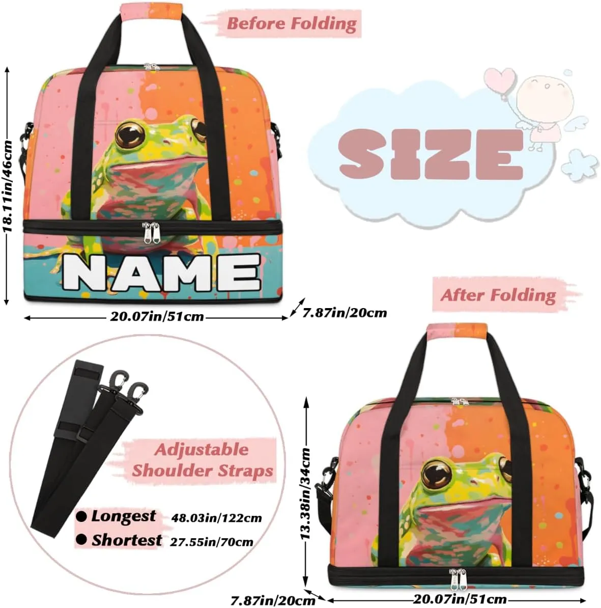 Frog Animal Custom Foldable Duffle Bag with Shoes Compartment Personalized Large Capacity Waterproof Travel Weekender Bag Overnight Bag for Sports Gym