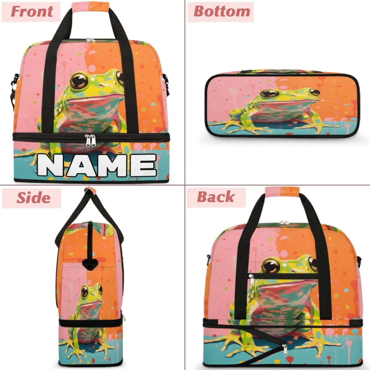 Frog Animal Custom Foldable Duffle Bag with Shoes Compartment Personalized Large Capacity Waterproof Travel Weekender Bag Overnight Bag for Sports Gym