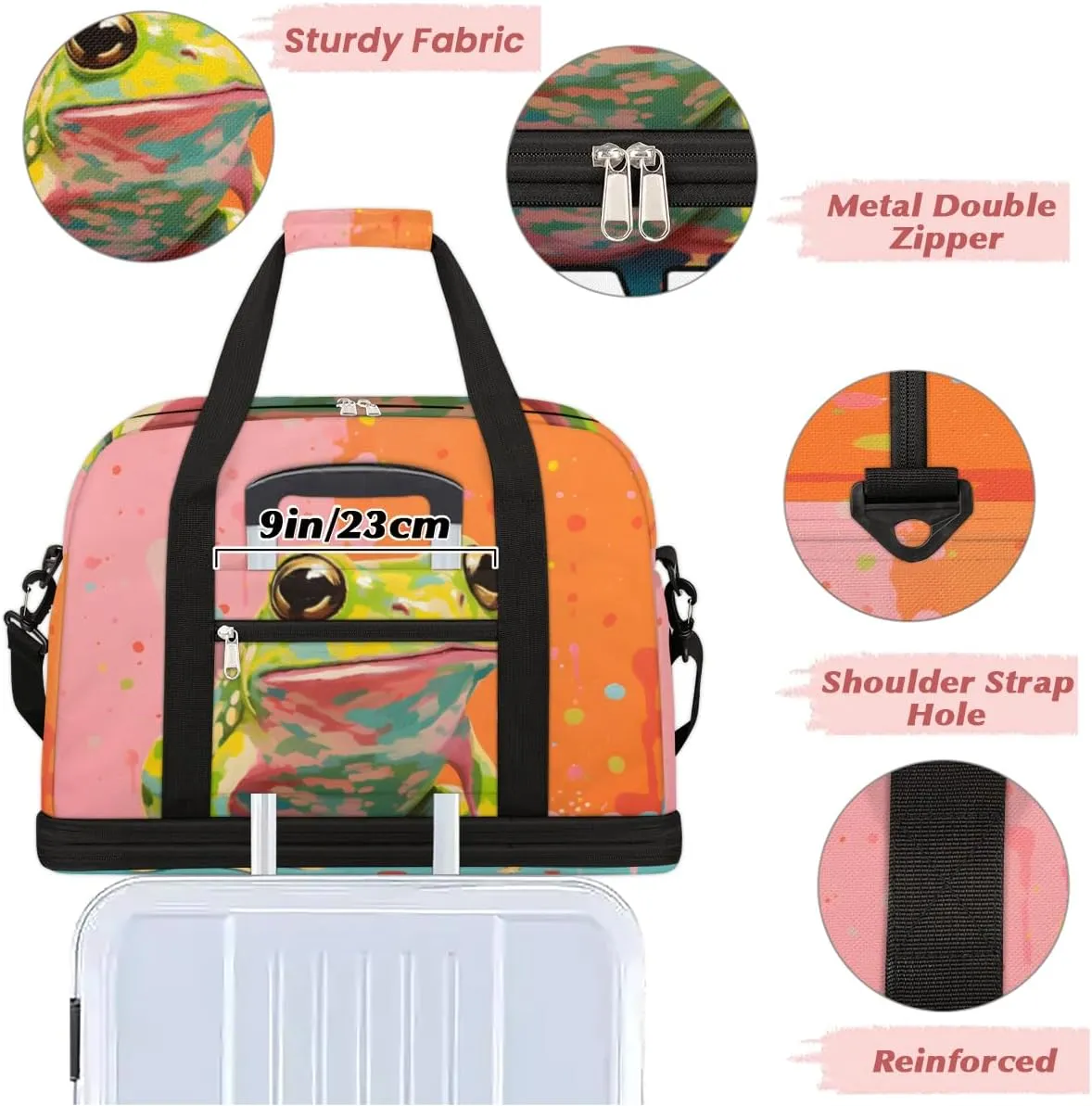 Frog Animal Custom Foldable Duffle Bag with Shoes Compartment Personalized Large Capacity Waterproof Travel Weekender Bag Overnight Bag for Sports Gym