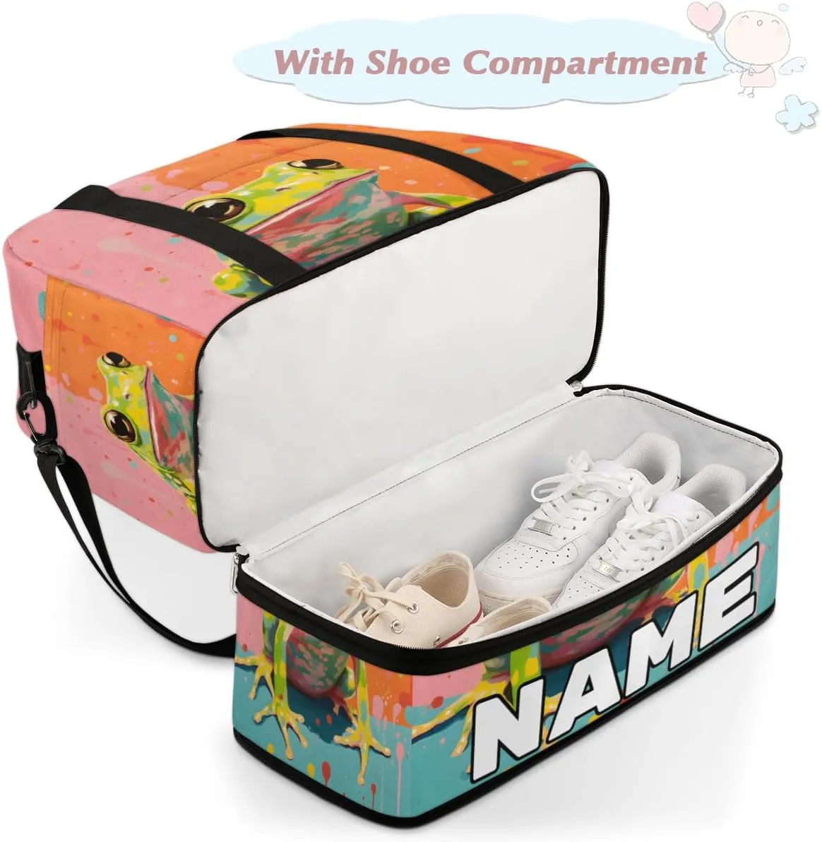 Frog Animal Custom Foldable Duffle Bag with Shoes Compartment Personalized Large Capacity Waterproof Travel Weekender Bag Overnight Bag for Sports Gym