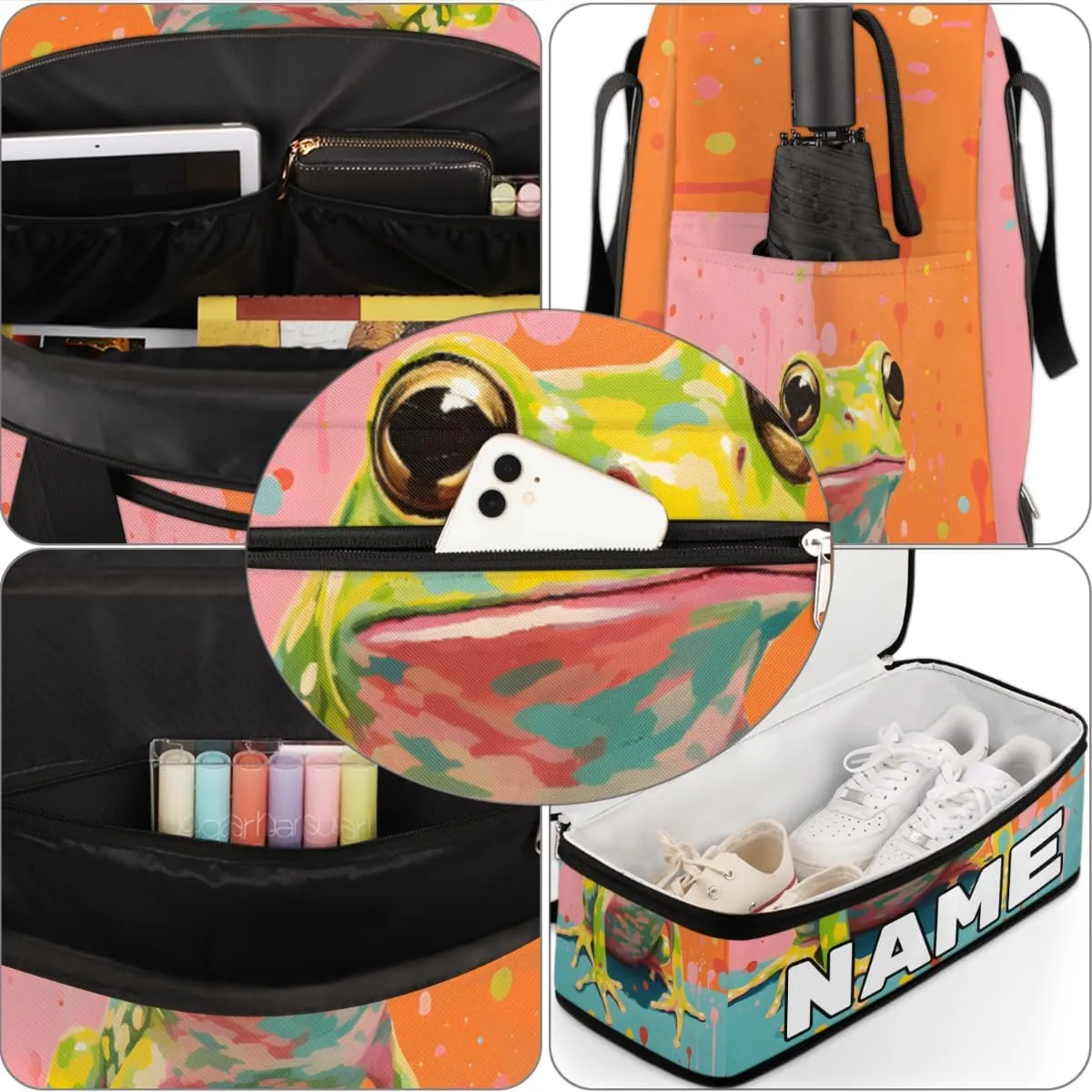 Frog Animal Custom Foldable Duffle Bag with Shoes Compartment Personalized Large Capacity Waterproof Travel Weekender Bag Overnight Bag for Sports Gym