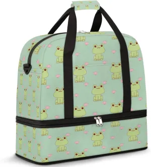 Frog Floral Lotus Travel Duffle Bag, Sports Gym Bag with Shoes Compartment Weekender Bag Overnight Bag for Women Men