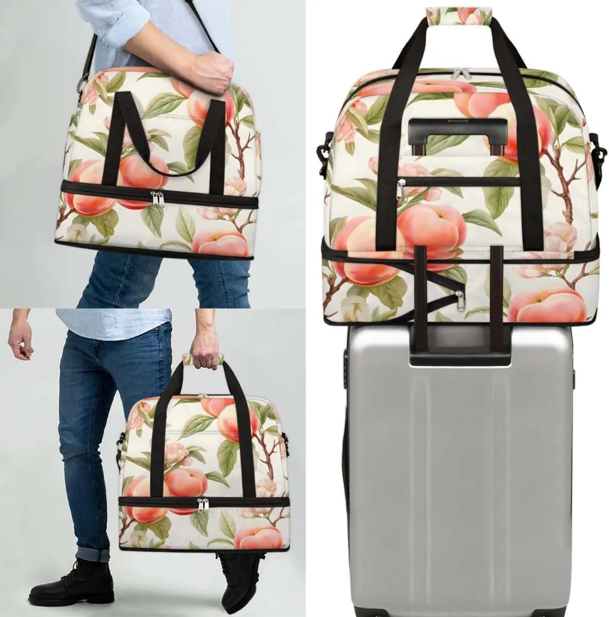 Fruit Peach Print Foldable Travel Duffel Bag Overnight Weekender Bag with Shoes Compartment Sports Gym Bag for Men Women