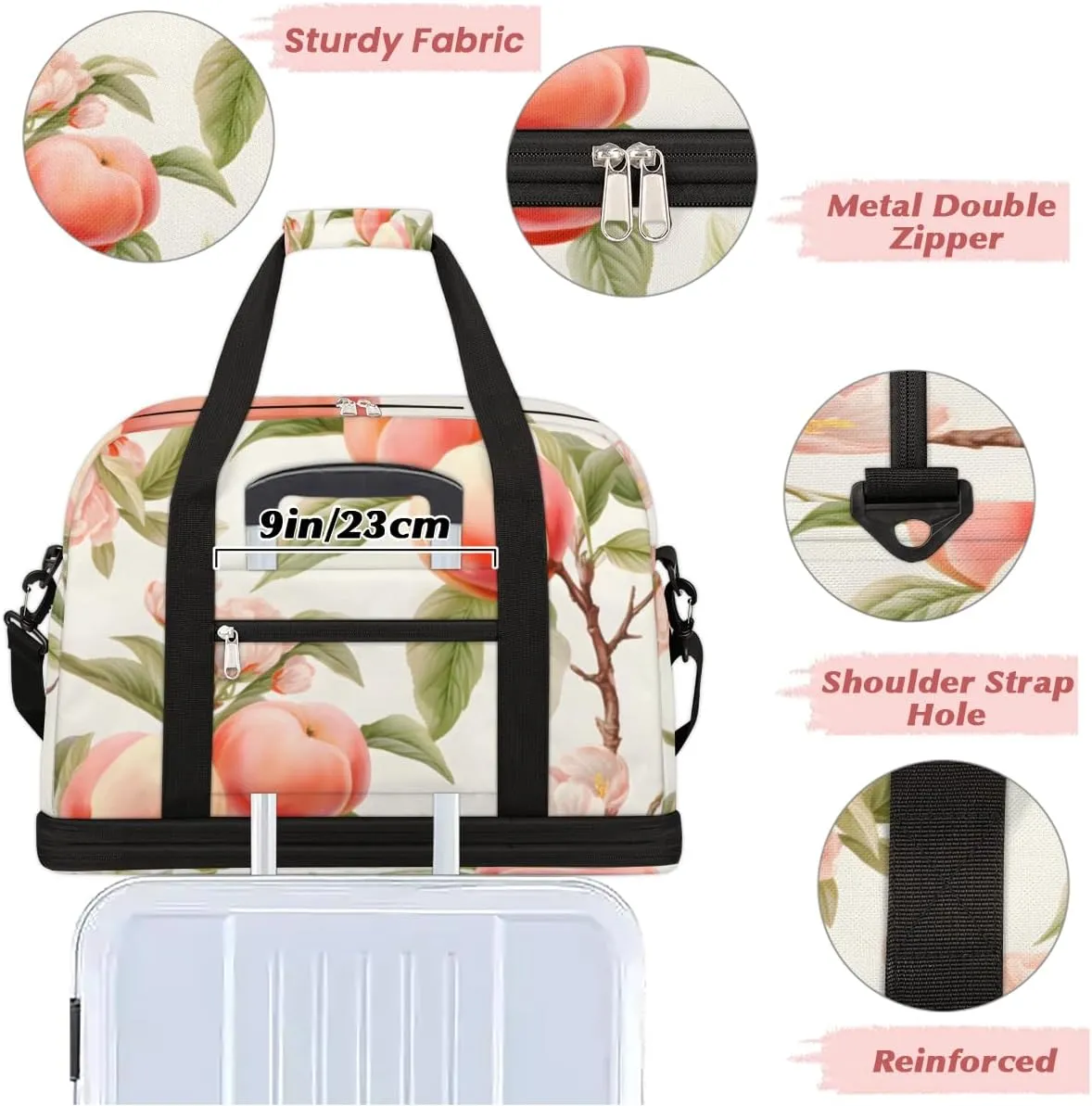 Fruit Peach Print Foldable Travel Duffel Bag Overnight Weekender Bag with Shoes Compartment Sports Gym Bag for Men Women