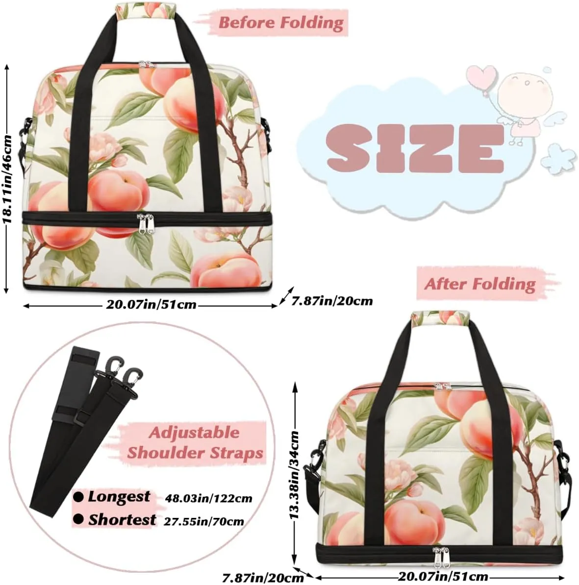 Fruit Peach Print Foldable Travel Duffel Bag Overnight Weekender Bag with Shoes Compartment Sports Gym Bag for Men Women