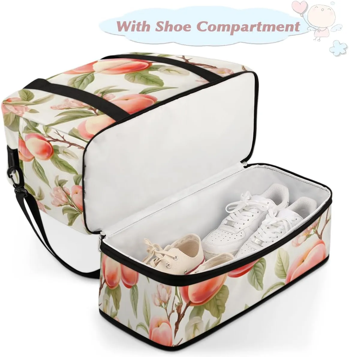 Fruit Peach Print Foldable Travel Duffel Bag Overnight Weekender Bag with Shoes Compartment Sports Gym Bag for Men Women